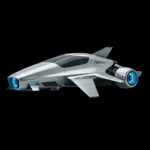 Futuristic silver space fighter jet with glowing blue engines JPG Image