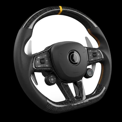 Modern black sports car steering wheel with orange details JPG Image