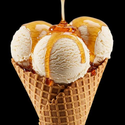 Vanilla ice cream scoops in a waffle cone with honey syrup JPG Image