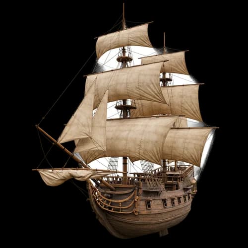 Old vintage wooden pirate ship with large sails JPG Image