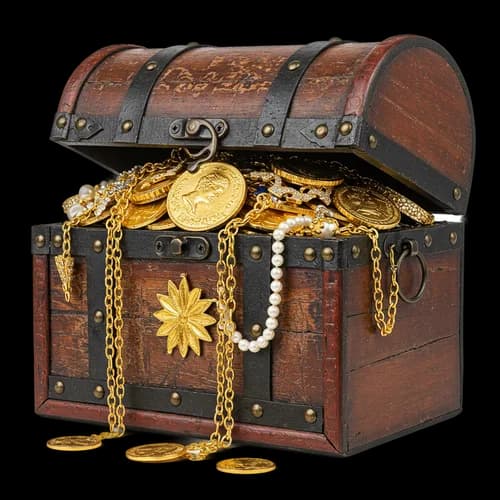 Vecchia cassa del tesoro in legno con monete d'oro e perle – download gratuito