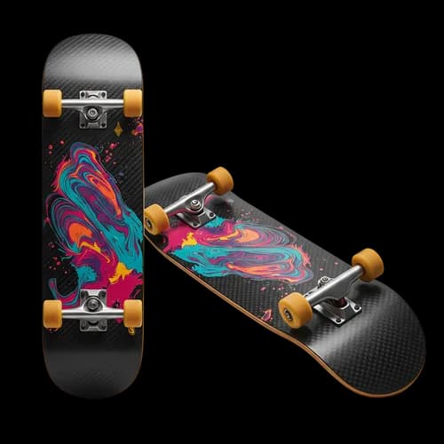 Two black skateboards with colorful abstract art design
