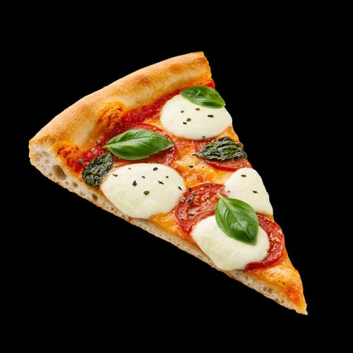 Fresca e deliziosa fetta di pizza Margherita con basilico