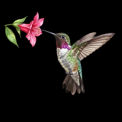 Hummingbird flying near a pink flower
