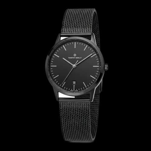Elegante Orologio da Polso Nero con Cinturino a Maglia Metallica PNG