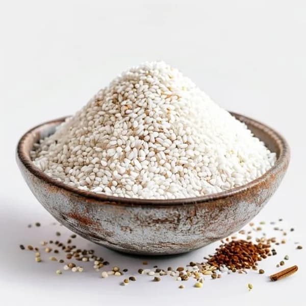 149. Ultra Realistic White Sesame Whole Form And Ground Powder Displayed Togethe