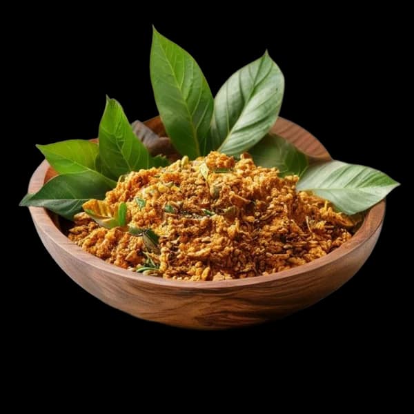 Feuilles de Curry Ultra Réalistes: Entières et en Poudre dans Plat en Bois, 8K H