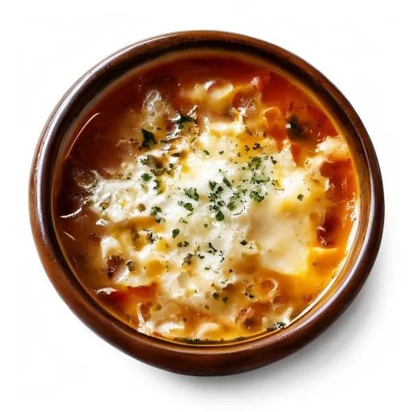 Klassische Französische Zwiebelsuppe mit Geschmolzenem Greyerzer Käse PNG