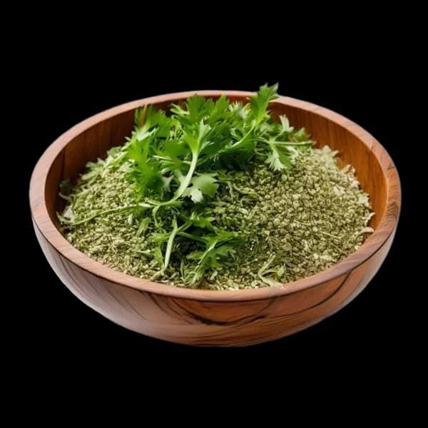 clean-minimal-dried-parsley-whole-and-powder-composition-in-wooden-bowl-front-vi-transparent-png