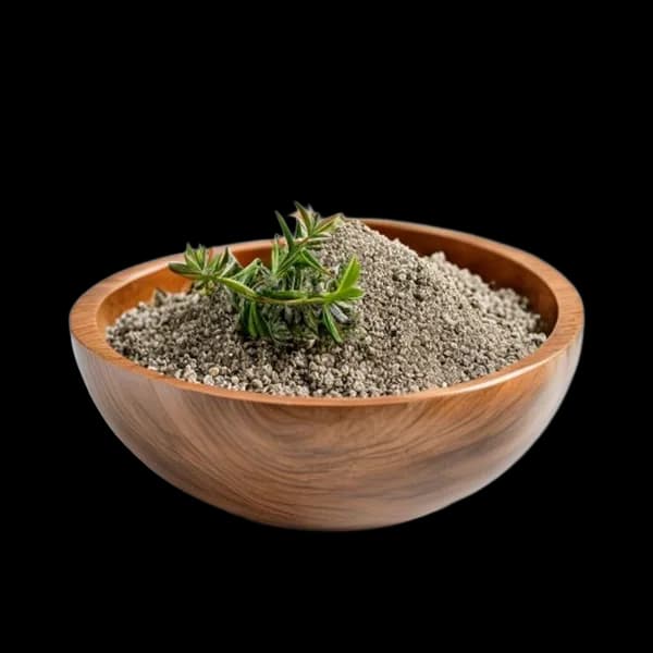 clean-minimal-thyme-whole-and-powder-composition-in-wooden-bowl-front-view-side--transparent-png