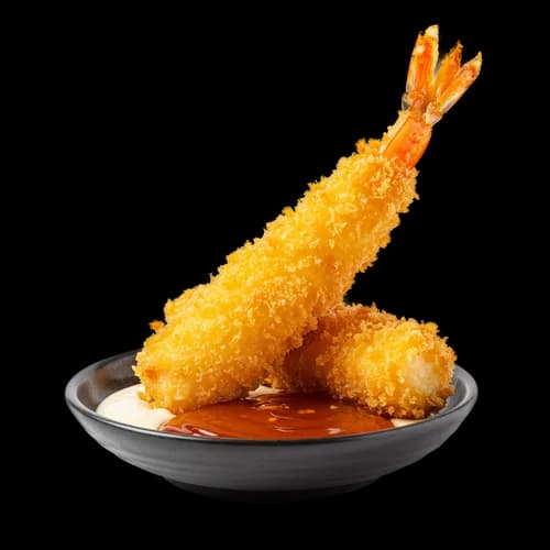 Camarones Tempura Dorados Crujientes con Salsa Japonesa Transparente JPG