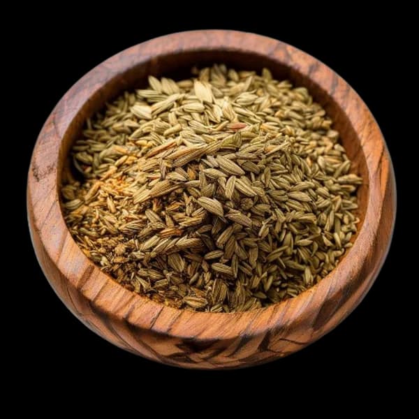export-quality-fennel-seed-whole-spice-and-fine-powder-in-wooden-bowl-macro-text-transparent-png
