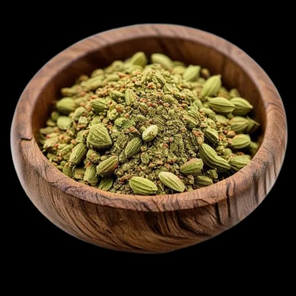 export-quality-green-cardamom-whole-spice-and-fine-powder-in-wooden-bowl-macro-t-transparent-png