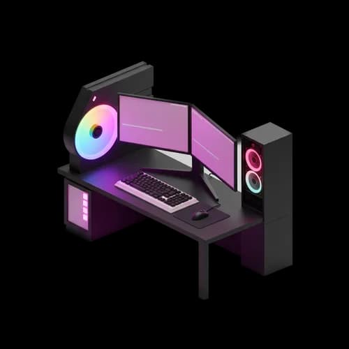 Isometric gaming desk setup with computer and neon lights JPG Image