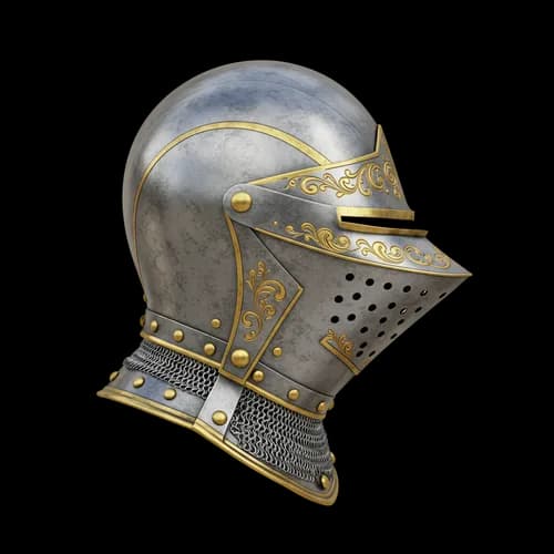 Old metal knight helmet with gold trim decoration JPG Image
