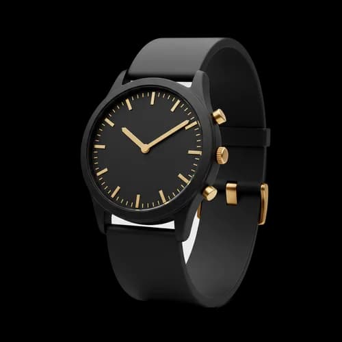 Elegant black wrist watch with gold hands and markers JPG Image