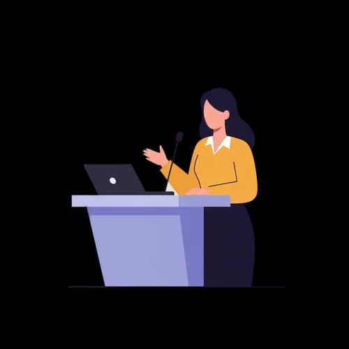 Woman speaker giving a presentation at a podium JPG Image