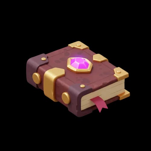Old magic spell book with purple gem and golden corners