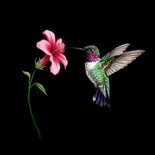 Hummingbird flying near a beautiful pink flower JPG Image