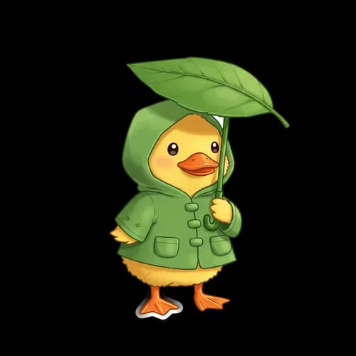 Cute little yellow duckling wearing a green leaf raincoat JPG Image