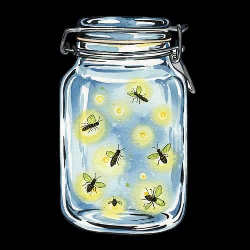 Fireflies glowing inside a glass mason jar