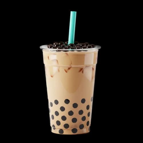 Milk tea with black tapioca pearls and a teal straw JPG Image