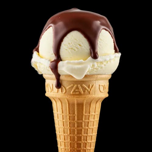 Vanilla ice cream scoop with chocolate sauce in a waffle cone JPG Image