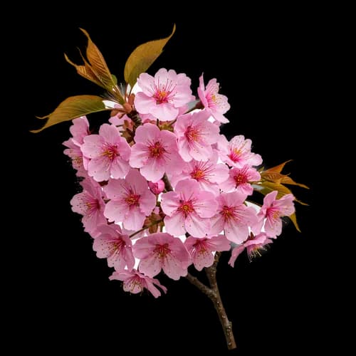 Beautiful pink cherry blossom branch with green leaves