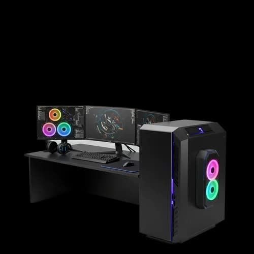 Gaming-Computer-Schreibtisch-Setup mit Monitoren und RGB-Beleuchtung