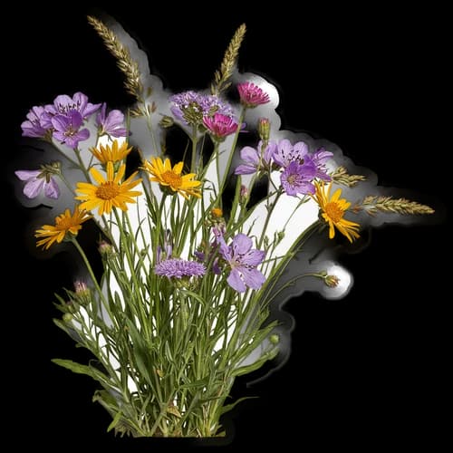 Hermoso ramo de flores silvestres moradas y amarillas PNGraft