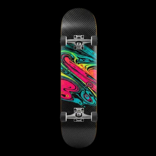 Black skateboard with colorful abstract graphic design