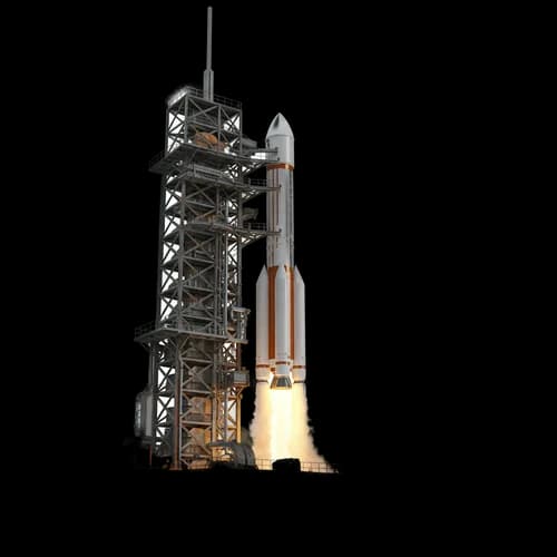 Razzo spaziale che si lancia da torre di lancio metallica PNG - Download gratuit