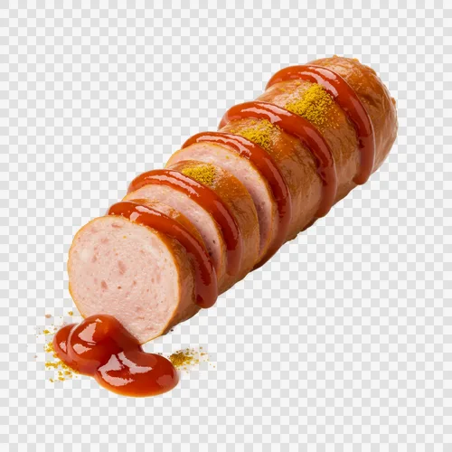 german-currywurst-sliced-sausage-curry-ketchup-sauce-transparent-png