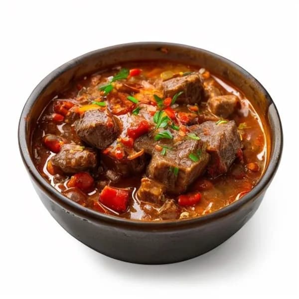 Ungarisches Gulasch: Rindereintopf mit Paprika in Keramikschale
