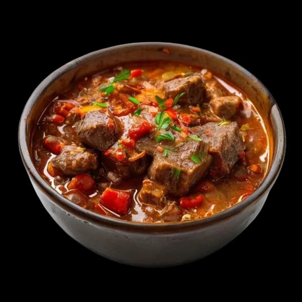 خورش گوشت گاو گولاش مجارستانی: با پاپریکا در کاسه سرامیکی