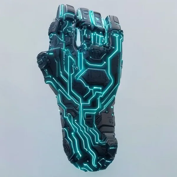 Hyperrealistischer Cyberpunk-Handschuh 3D-Asset: Leuchtende Cyan-Schaltkreise, N