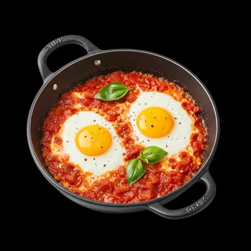 تخم مرغ شکشوکا اسرائیلی با سس گوجه فرنگی تند، تصویر شفاف