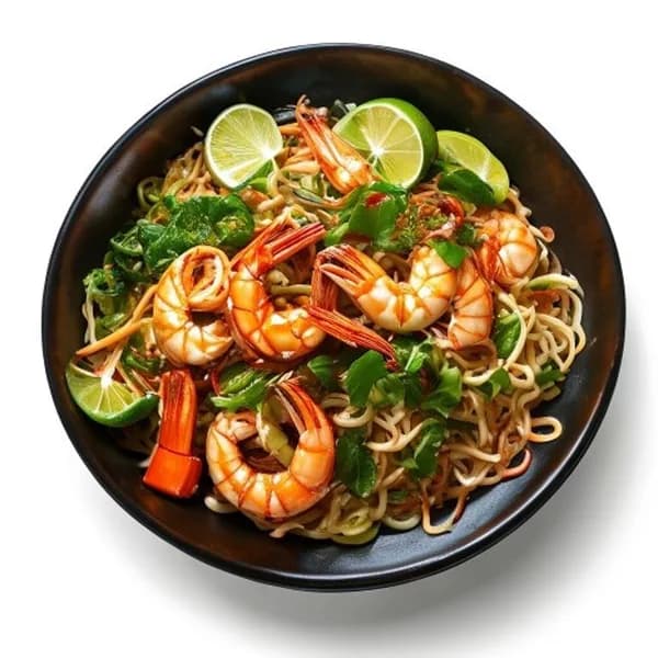 Pad Thai Nudeln mit Garnelen, Erdnüssen und Limette, Thailändisches Street Food