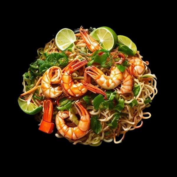 نودل پد تایلندی با میگو، بادام زمینی و لیمو، غذای خیابانی تایلندی