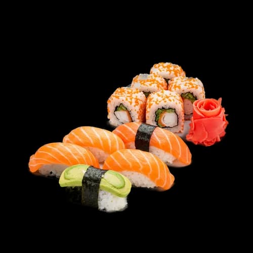 Sushi Fresco Fotorrealista: Nigiri de Salmón y Maki Rolls Transparente