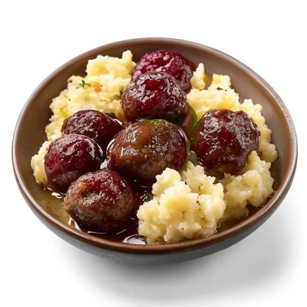 Schwedische Fleischbällchen mit Preiselbeersauce und Kartoffelpüree PNG