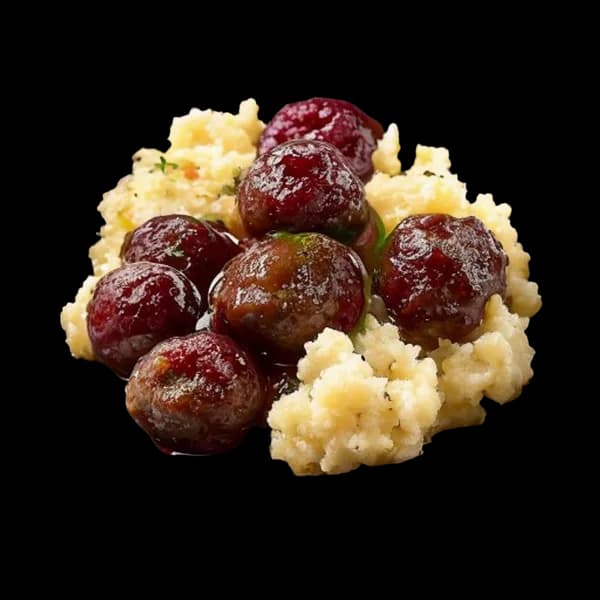 کوفته سوئدی با سس لینگونبری و پوره سیب زمینی PNG