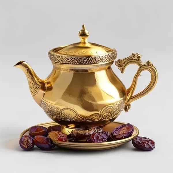 Traditioneller Arabischer Kaffee Gahwa in Goldener Dallah-Kanne mit Datteln