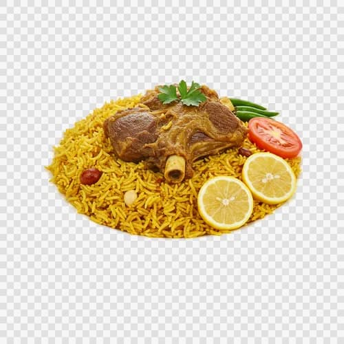 مفتاح سعودی سنتی: برنج ادویه دار با گوشت بره، بشقاب بزرگ شفاف PNG