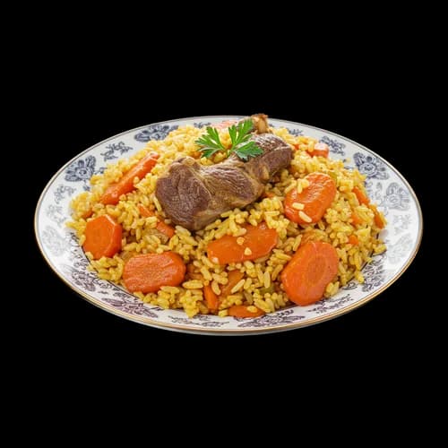 پلو ازبکی (پلو) برنج گوشت گوسفند هویج ظرف بزرگ شفاف PNG